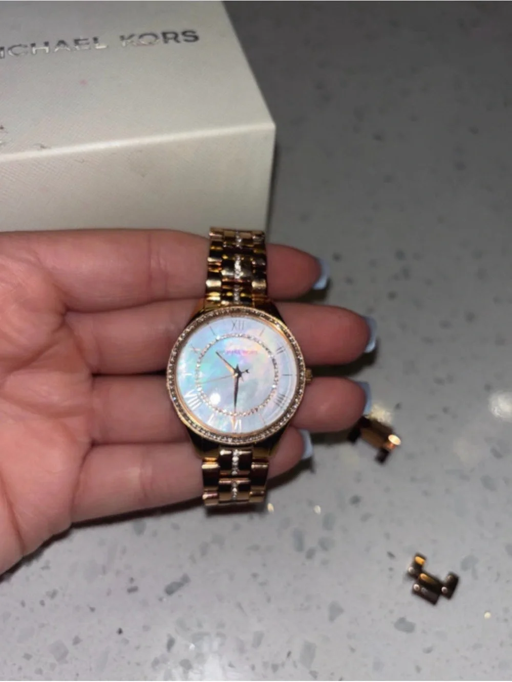 Michael Kors Rose Gold Tone Watch with Mother of Pearl Dial and Crystal Bezel
